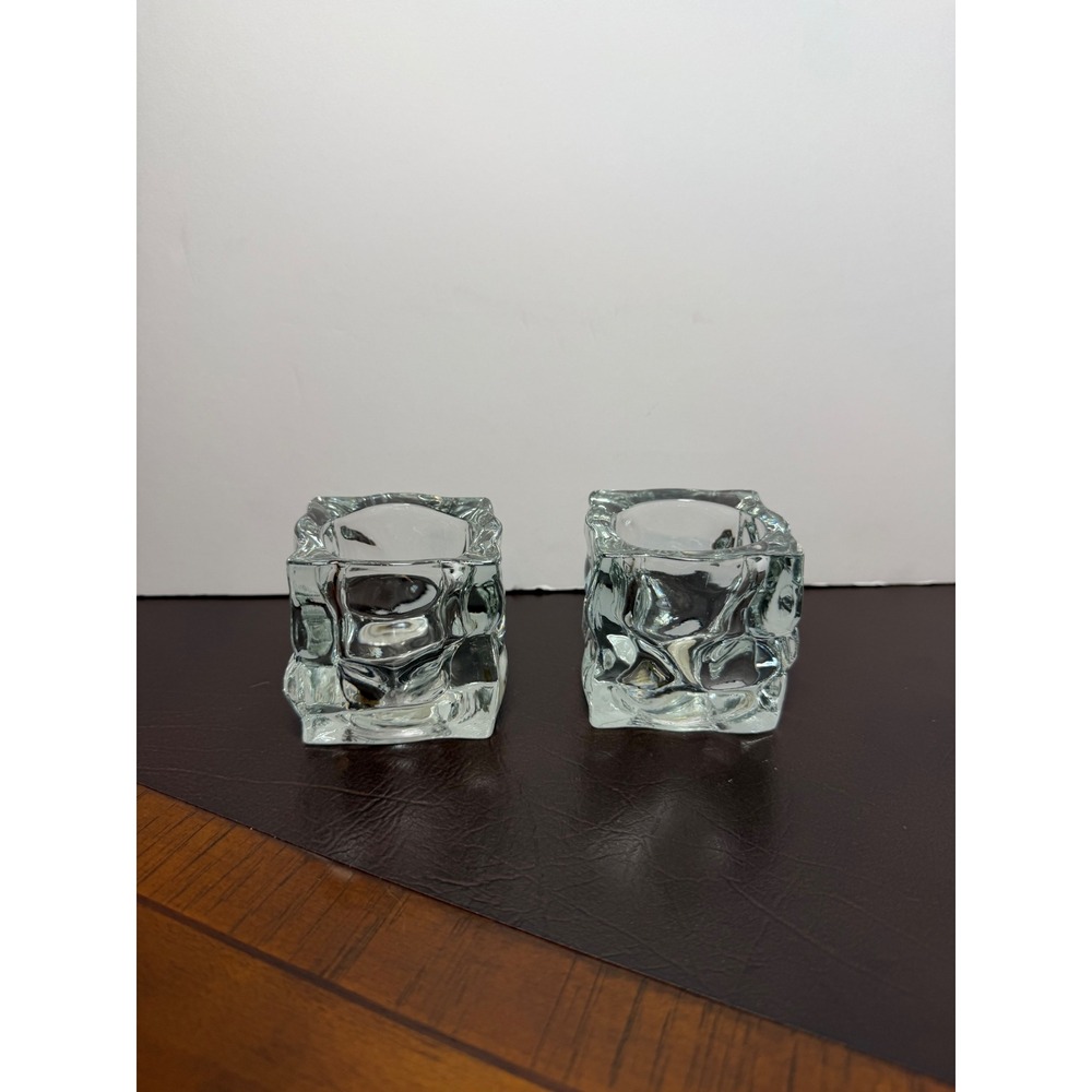 KIG Indonesia Crystal Clear Glass Ice Cube Votive Candle Holder Set of 2